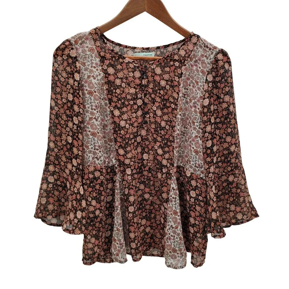 Maurices Womens Bell Sleeve Blouse Top Size‎ M Sheer Button Pink Black Boho